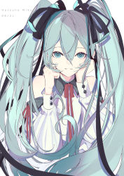 Rule 34 | 1girl, aqua eyes, aqua hair, aqua nails, aqua ribbon, bare shoulders, big hair, birthday, black ribbon, blue eyes, buttons, character name, dated, detached sleeves, hair between eyes, hair ribbon, hands on own cheeks, hands on own face, hatsune miku, highres, long hair, long ribbon, long sleeves, looking at viewer, nail polish, neck ribbon, puffy long sleeves, puffy sleeves, red ribbon, ribbon, shirt, simple background, smile, solo, twintails, two-tone ribbon, upper body, very long hair, vocaloid, white background, white shirt, wing collar, yonemuro