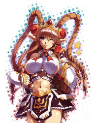 Rule 34 | 1girl, banpresto, blue eyes, blush, breasts, brown hair, covered erect nipples, hisahiko, huge breasts, large breasts, long hair, midriff, nail polish, navel, neige hausen, one eye closed, pointy ears, sideboob, solo, super robot wars, super robot wars og saga mugen no frontier, super robot wars og saga mugen no frontier exceed, wink