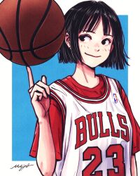Rule 34 | 1girl, balancing on finger, basketball, blue background, clip studio paint (medium), drawing, highres, looking to the side, musa (musa draws), national basketball association, original, outside border, photo-referenced, portrait, signature, smile, solo, upper body, white background
