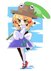 Rule 34 | 1girl, animal print, back bow, black footwear, blonde hair, blue background, blunt bangs, blush stickers, bow, brown hat, cloud, commentary, footwear bow, frog print, full body, green bow, hair bow, hat, highres, holding, holding leaf, leaf, leaf umbrella, medium hair, moriya suwako, op na yarou, open mouth, purple skirt, purple vest, red bow, shirt, shoes, skirt, sleeves past fingers, sleeves past wrists, solo, symbol-only commentary, thighhighs, touhou, turtleneck, vest, white background, white bow, white shirt, white thighhighs, yellow eyes