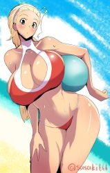 Rule 34 | 10s, 1girl, ahoge, ball, beachball, bikini, blonde hair, blush, breasts, brown eyes, cleavage, cleavage cutout, closed mouth, clothing cutout, commentary request, cowboy shot, girls und panzer, hair pulled back, hairband, halterneck, hand on own thigh, head tilt, holding, huge breasts, leaning to the side, light frown, long hair, looking at viewer, navel, one-hour drawing challenge, red bikini, sasaki akebi, sasaki tatsuya, skindentation, solo, standing, string bikini, sweatdrop, swimsuit, tan, thighs, white hairband