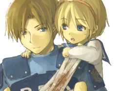 Rule 34 | 1boy, 1girl, :o, age difference, bandages, blonde hair, blood, bloody bandages, blue eyes, brown hair, capcom, carrying, child, clenched hand, eye contact, hairband, hand on another&#039;s shoulder, hizaki-re, leon s. kennedy, light smile, looking at another, piggyback, police, police uniform, policeman, resident evil, resident evil 2, school uniform, serafuku, sherry birkin, shirt, short hair, short sleeves, shoulder pads, smile, uniform, upper body