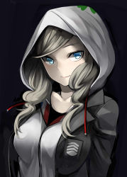 Rule 34 | 1girl, black background, black jacket, blazer, blue eyes, collarbone, highres, hood, hood up, hooded sweater, jacket, long hair, looking at viewer, nemu (nebusokugimi), open clothes, open jacket, persona, persona 5, silver hair, smile, solo, sweater, swept bangs, takamaki anne, upper body, white sweater
