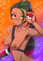 Rule 34 | 1girl, aikawa arika, armpit hair, armpits, bag, black hair, blush, breasts, closed mouth, collarbone, creatures (company), dark-skinned female, dark skin, eyelashes, female focus, female pubic hair, freckles, fruit background, game freak, gloves, gradient background, green hair, hair strand, highres, holding, holding poke ball, long hair, looking at viewer, multicolored hair, navel, nemona (pokemon), nintendo, nipples, nude, orange eyes, poke ball, poke ball (basic), pokemon, pokemon sv, ponytail, pubic hair, single glove, small breasts, solo, standing, stomach, sweat, two-tone hair, veins, veiny breasts