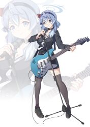 Rule 34 | 1girl, ako (blue archive), alternate costume, belt, black choker, black footwear, black shirt, black skirt, black thighhighs, blue archive, blue eyes, blue hair, breasts, chibi, choker, collarbone, collared shirt, commentary request, electric guitar, fender stratocaster, full body, guitar, hair between eyes, hairband, halo, highres, holding, holding instrument, holding microphone, instrument, large breasts, long hair, long sleeves, looking at viewer, microphone, microphone stand, music, nail polish, necktie, pencil skirt, playing instrument, purple nails, shirt, shoes, sidelocks, simple background, skirt, sneakers, solo, standing, thighhighs, white necktie, yukimi unagi, zettai ryouiki, zoom layer