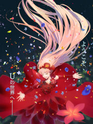 Rule 34 | 1girl, absurdres, belle (ryuu to sobakasu no hime), closed eyes, dress, flower, flower dress, head wreath, highres, kimiya, music, open hands, open mouth, outstretched arm, petals, pink hair, red dress, ryuu to sobakasu no hime, singing, translated