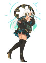 Rule 34 | 1girl, :d, aqua hair, black jacket, black skirt, blue eyes, boots, breasts, colored inner hair, full body, high heel boots, high heels, highres, horns, jacket, lansane, long sleeves, looking at viewer, multicolored hair, off-shoulder jacket, off shoulder, open mouth, original, simple background, single horn, skirt, small breasts, smile, thigh boots, white background