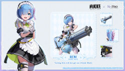 Rule 34 | 1girl, adapted costume, artist request, black footwear, blue eyes, blue hair, breasts, cleavage, closed mouth, commentary, copyright notice, dress, english commentary, english text, engrish text, gloves, goddess of victory: nikke, green necktie, gun, hair over one eye, hand on own chest, highres, holding, holding gun, holding weapon, holster, long sleeves, machine gun, maid, maid headdress, medium breasts, medium hair, multiple views, necktie, official art, own hands together, pantyhose, ranguage, re:zero kara hajimeru isekai seikatsu, rem (re:zero), roswaal mansion maid uniform, second-party source, shoes, squatting, two-sided fabric, two-sided skirt, watermark, weapon, white dress, white gloves, white pantyhose
