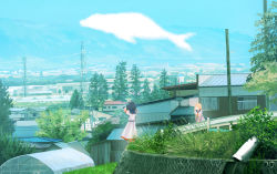 Rule 34 | 2girls, arm support, black hair, blonde hair, building, cellphone, cityscape, cloud, curtains, grass, greenhouse, hands up, highres, house, inami hatoko, ladder, leaning forward, long hair, looking to the side, mountain, mountainous horizon, multiple girls, original, outdoors, phone, power lines, railing, road, rural, scenery, school uniform, serafuku, sky, smartphone, smile, taking picture, tree, utility pole, whale