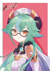 Rule 34 | 1girl, absurdres, antenna hair, cape, commentary request, genshin impact, glasses, green hair, hair between eyes, hat, highres, long hair, long sleeves, looking at viewer, low ponytail, multicolored hair, orange eyes, rou bao mao-gravity5, semi-rimless eyewear, sidelocks, simple background, smile, solo, streaked hair, sucrose (genshin impact), two-tone background, two-tone hair, vision (genshin impact)