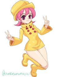 Rule 34 | 1girl, 4m4y0r1, blush stickers, boots, breasts, double v, full body, hat, highres, looking at viewer, pink eyes, pink hair, raincoat, short hair, skullgirls, small breasts, smile, solo, umbrella (skullgirls), v, white background, wide hips, wide sleeves