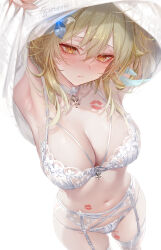 Rule 34 | 1girl, absurdres, armpits, arms up, blonde hair, blush, bra, breasts, choker, cleavage, closed mouth, clothes lift, collarbone, commentary, flower, garter belt, genshin impact, hair between eyes, hair flower, hair ornament, hickey, highres, lace, lace-trimmed bra, lace-trimmed panties, lace trim, large breasts, looking at viewer, lumine (genshin impact), navel, o-ring, paid reward available, panties, pottsness, short hair with long locks, sweater, sweater lift, symbol-only commentary, thighhighs, twitter username, underwear, undressing, white background, white bra, white choker, white garter belt, white panties, white sweater, white thighhighs, yellow eyes