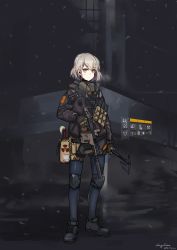 Rule 34 | 1girl, absurdres, ammunition, artist request, commentary request, crossover, gas mask, girls&#039; frontline, gloves, grey hair, gun, highres, holding, holding gun, holding weapon, jacket, knee pads, kriss vector, mask, molotov cocktail, shoes, shorts, solo, submachine gun, tom clancy&#039;s the division, tomahawk, vector (girls&#039; frontline), weapon, yellow eyes