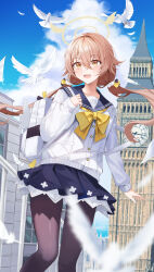 Rule 34 | 1girl, absurdres, bird, black pantyhose, blue archive, blue sailor collar, blue skirt, blue sky, bow, cardigan, cloud, collarbone, frilled skirt, frills, hair between eyes, hair flaps, hair ribbon, halo, hifumi (blue archive), highres, light brown hair, long hair, low twintails, nacho (nacho 1103), open mouth, outdoors, pantyhose, pleated skirt, ribbon, sailor collar, school uniform, skirt, sky, solo, twintails, white cardigan, yellow bow, yellow eyes