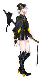 Rule 34 | 1girl, :o, animal, animal hands, arm at side, arm guards, armor, armored boots, black cat, black footwear, black hat, black jacket, black nails, boots, capelet, cat, chestnut mouth, from side, hair flaps, hair over one eye, hat, high heel boots, high heels, highres, jacket, knee boots, long sleeves, looking at viewer, looking to the side, nail polish, no pants, open mouth, original, peaked cap, ribbon, sheath, sheathed, short hair, simple background, solo, walking, white background, white hair, xiaoshou xiansheng, yellow eyes, yellow ribbon