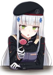Rule 34 | 1girl, beret, black hat, blunt bangs, candy, food, german flag, girls&#039; frontline, gloves, green eyes, hair ornament, hat, hime cut, hk416 (girls&#039; frontline), holding, holding food, lollipop, long hair, looking at viewer, silver hair, simple background, solo, teardrop, upper body, white background, yakob labo