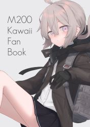 Rule 34 | 1girl, absurdres, ahoge, backpack, bag, black gloves, black necktie, black skirt, character name, comiket 99, commentary request, cover, cover page, english text, flat chest, girls&#039; frontline, gloves, gradient eyes, grey background, hair between eyes, highres, jacket, looking at viewer, m200 (girls&#039; frontline), multicolored eyes, necktie, open clothes, open jacket, origumi, pleated skirt, ponytail, purple eyes, shirt, simple background, skirt, solo, upper body, white shirt