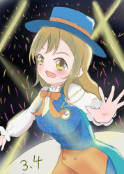 Rule 34 | 1girl, artist name, artist request, blue dress, blue headwear, blush, bow, bowtie, breasts, brown eyes, brown hair, buttons, dress, female focus, glowstick, hair between eyes, highres, kunikida hanamaru, light brown hair, long hair, long sleeves, looking at viewer, love live!, love live! school idol festival, love live! sunshine!!, medium breasts, miniskirt, on stage, orange bow, outstretched arms, outstretched hand, parted lips, plaid, plaid dress, plaid skirt, pleated, pleated dress, pleated skirt, pocket watch, puffy long sleeves, puffy sleeves, skirt, smile, solo, stage, stage lights, watch, yellow eyes