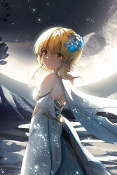 Rule 34 | 1girl, bare back, bare shoulders, blonde hair, breasts, cape, closed mouth, commentary request, crescent moon, cropped, dathie96, detached sleeves, dress, flower, from side, genshin impact, hair flower, hair ornament, long dress, looking at viewer, lumine (genshin impact), medium breasts, moon, night, night sky, outdoors, short hair with long locks, sky, solo, standing, star (sky), starry sky, white dress, yellow eyes