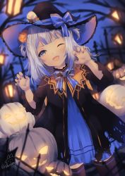 Rule 34 | 1girl, :d, beryl (blueberylpie), black thighhighs, blue eyes, blunt bangs, blush, bow, bowtie, dress, gawr gura, hair ornament, halloween, hat, hololive, hololive english, jack-o&#039;-lantern, lamp, long hair, long sleeves, looking at viewer, multicolored clothes, multicolored dress, multicolored hair, nail polish, night, one eye closed, open mouth, outdoors, pumpkin, sharp teeth, signature, smile, solo, streaked hair, striped bow, striped bowtie, striped clothes, striped neckwear, teeth, thighhighs, two-tone headwear, upper teeth only, virtual youtuber, white hair, wide sleeves, witch, witch hat