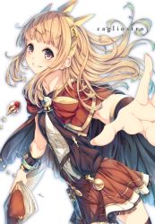 Rule 34 | 10s, 1girl, bad id, bad pixiv id, belt, black thighhighs, blonde hair, blush, book, cagliostro (granblue fantasy), cape, character name, crown, frills, granblue fantasy, hairband, holding, holding book, long hair, looking at viewer, open book, open hand, purple eyes, red skirt, simple background, skirt, smile, solo, star (symbol), teeth, thighhighs, tiara, vial, white background, yoshikanakamura, zettai ryouiki