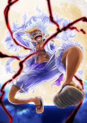 Rule 34 | 1boy, :d, absurdres, commentary request, denim, denim shorts, full moon, gear fifth, haki, happy, highres, laughing, monkey d. luffy, moon, night, one eye closed, one piece, open mouth, sandals, scar, scar on chest, scar on face, shirt, short hair, shorts, smile, solo, tsukikage oyama, white hair, white shirt, white shorts