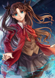 Rule 34 | 1girl, blue eyes, bow, brown hair, fate/stay night, fate (series), gradient background, hair ribbon, highres, jacket, k ptn, long hair, pantyhose, red jacket, ribbon, sketch, solo, tohsaka rin, two side up