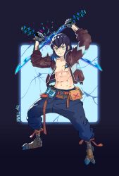 Rule 34 | 1boy, abs, artist name, belt, blue hair, blue pants, brown jacket, clash, crack, cyborg, dual wielding, explosive, fanny pack, fighting stance, full body, gradient hair, green eyes, grenade, grin, hands up, hashibira inosuke, highres, holding, holding sword, holding weapon, jacket, kimetsu no yaiba, legs apart, long sleeves, looking at viewer, lulu yang, male focus, mechanical hands, mechanical legs, mechanical parts, multicolored hair, navel, no mask, open clothes, open jacket, pants, pectorals, science fiction, see-through, short hair, smile, solo, spikes, standing, sword, weapon