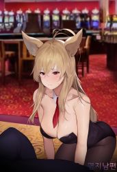 Rule 34 | 1girl, absurdres, animal ears, antenna hair, bad id, bad pixiv id, bare shoulders, black leotard, black pantyhose, blonde hair, blush, breasts, casino, cleavage, commission, detached collar, ellin meiji, embarrassed, fighter (dungeon and fighter), fox ears, highres, kneeling, large breasts, leotard, long hair, looking down, necktie, nontraditional playboy bunny, original, pantyhose, playboy bunny, red eyes, red necktie, sidelocks, solo, strapless, strapless leotard, striker (dungeon and fighter), sweatdrop, uthy