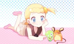 Rule 34 | &gt; &lt;, 1girl, bad id, bad pixiv id, bike shorts, black shorts, blonde hair, blue eyes, blue polka dots, blush, bonnie (pokemon), cheek-to-cheek, child, commentary request, creatures (company), dedenne, game freak, gen 6 pokemon, hand on own chin, headpat, heads together, leg up, legendary pokemon, looking at another, lying, mary janes, mei (maysroom), nintendo, no socks, on stomach, open mouth, pink footwear, pink polka dots, pokemon, pokemon (anime), pokemon (creature), pokemon xy (anime), polka dot, polka dot background, shoes, short hair, shorts, side ponytail, signature, skirt, smile, two-tone background, white skirt, zygarde, zygarde core