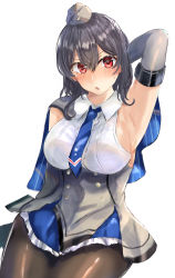 Rule 34 | 1girl, absurdres, armpits, black gloves, black hair, black pantyhose, blue necktie, breasts, capelet, colorado (kancolle), colorado (kancolle) (cosplay), cosplay, dress, elbow gloves, garrison cap, gloves, grey dress, grey hat, hat, highres, kantai collection, large breasts, looking at viewer, miyako (rgrayt), necktie, open mouth, pantyhose, pleated dress, red eyes, shirt, short hair, simple background, sitting, sleeveless, solo, white background, white shirt, yamashiro (kancolle)
