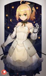 Rule 34 | 1girl, ahoge, armor, armored dress, artoria pendragon (all), artoria pendragon (fate), bare shoulders, black bow, blonde hair, blush, bow, breasts, detached sleeves, dress, fate (series), gauntlets, green eyes, hair bow, hentaki, highres, holding, holding sword, holding weapon, long hair, looking at viewer, patreon username, ponytail, saber lily, sleeveless, sleeveless dress, small breasts, smile, solo, sword, weapon, white dress