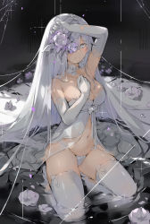 Rule 34 | 1girl, :d, absurdly long hair, arm up, armpits, bare shoulders, breasts, center opening, choker, cleavage, collarbone, dema hmw, dress, elbow gloves, flower, gloves, hair flower, hair ornament, hair over one eye, hand on own chest, highres, large breasts, long hair, looking at viewer, navel, open mouth, original, panties, revealing clothes, rose, see-through, sitting, skindentation, sleeveless, sleeveless dress, smile, solo, stomach, strapless, strapless dress, string panties, thighhighs, thighs, underwear, very long hair, water, white choker, white dress, white eyes, white flower, white gloves, white hair, white panties, white thighhighs