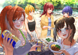 Rule 34 | 5girls, ;d, ^ ^, absurdres, arisugawa natsuha, beer can, blush, bowl, breasts, can, cleavage, closed eyes, collarbone, cooking, double bun, drink can, forest, grill, grilling, hair bun, highres, holding, holding bowl, holding tongs, houkago climax girls (idolmaster), idolmaster, idolmaster shiny colors, kaiso (kaisooekaki), komiya kaho, looking at viewer, medium breasts, morino rinze, multiple girls, nature, one eye closed, open mouth, outdoors, ponytail, saijo juri, smile, sonoda chiyoko, tongs