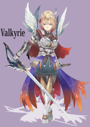 Rule 34 | 1girl, armor, armored dress, blonde hair, blue eyes, character name, gauntlets, highres, holding, crossed legs, original, purple background, solo, standing, sts, sword, valkyrie, weapon