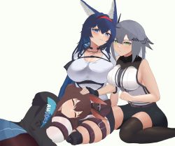 Rule 34 | 3girls, absurdres, amiya (arknights), animal ears, arknights, bare shoulders, belt, black jacket, blaze (arknights), blue eyes, blue hair, blush, breasts, brown hair, cat ears, cat girl, chest belt, chest strap, cleavage, closed mouth, fingerless gloves, framed breasts, gloves, green eyes, grey hair, greythroat (arknights), hair between eyes, hairband, hand on another&#039;s head, highres, huge breasts, jacket, kfsocks, large breasts, leggings, long hair, looking at viewer, multiple girls, open clothes, open jacket, open mouth, rabbit girl, red hairband, rhodes island logo (arknights), shirt, sideboob, simple background, skindentation, skirt, sleeveless, sleeveless shirt, smile, tank top, thick thighs, thigh strap, thighhighs, thighs, white background, white tank top, zettai ryouiki