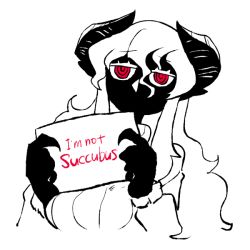 Rule 34 | 1girl, aldegon (rariatto), black skin, colored skin, demon girl, demon horns, english text, fingernails, greyscale, holding, holding sign, horns, jitome, long hair, long sleeves, looking at viewer, monochrome, original, pointy ears, rariatto (ganguri), red eyes, ribbed sweater, ringed eyes, sharp fingernails, sign, simple background, solo, spot color, sweater, upper body, white background, white hair