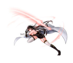Rule 34 | 1girl, 96dgd, absurdres, black footwear, black gloves, black hair, boots, breasts, camisole, cape, charging forward, dungeon and fighter, energy sword, female slayer (dungeon and fighter), full body, garter straps, gloves, high heel boots, high heels, highres, knee boots, large breasts, long hair, miniskirt, red eyes, skirt, solo, sword, thighhighs, very long hair, weapon, white thighhighs