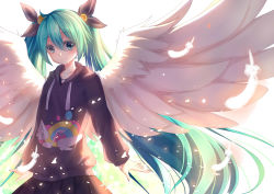 Rule 34 | 1girl, absurdres, akabane, feathers, green eyes, green hair, hatsune miku, highres, long hair, looking at viewer, matching hair/eyes, smile, solo, twintails, very long hair, vocaloid, wings