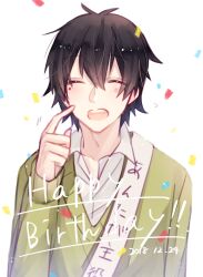 Rule 34 | !, !!, 1boy, birthday sash, black hair, cardigan, closed eyes, collared shirt, commentary request, confetti, dated, double-parted bangs, english text, facing viewer, green cardigan, happy birthday, kagerou project, kokonose haruka, long sleeves, male focus, mole, mole under eye, open collar, open mouth, ouri (aya pine), partial commentary, pointing, pointing at self, sash, school uniform, shirt, short hair, shoulder sash, simple background, smile, solo, teeth, upper body, upper teeth only, white background, white sash, white shirt