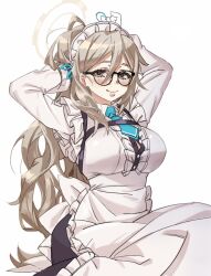 Rule 34 | 1girl, akane (blue archive), apron, arms up, blue archive, blush, breasts, brown eyes, dress, frilled apron, frills, glasses, gloves, hair between eyes, halo, highres, korean commentary, large breasts, long hair, long sleeves, looking at viewer, maid, maid headdress, q2 qee, simple background, smile, solo, very long hair, white apron, white background, white gloves