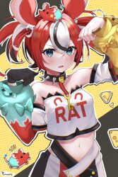Rule 34 | 1girl, animal ears, bare shoulders, black collar, black gloves, black hair, breasts, cheese, collar, crop top, detached sleeves, food, gloves, hakos baelz, highres, hololive, hololive english, long sleeves, looking at viewer, medium breasts, midriff, mouse ears, mouse girl, mr. squeaks (hakos baelz), multicolored clothes, multicolored hair, multicolored skirt, off-shoulder shirt, off shoulder, paw pose, punapple, red hair, shirt, simple background, single glove, skirt, spiked collar, spikes, strapless, strapless shirt, streaked hair, twintails, virtual youtuber, white hair, white shirt
