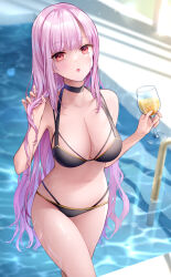 Rule 34 | 1girl, :o, armpits, bare arms, bare shoulders, bikini, black bikini, black choker, blurry, blurry background, breasts, chocofox, choker, cleavage, collarbone, cup, drinking glass, highres, holding, holding own hair, hololive, hololive english, large breasts, long hair, looking at viewer, mori calliope, multi-strapped bikini, navel, open mouth, pink hair, pool, red eyes, solo, stomach, string bikini, swimsuit, thighs, very long hair, virtual youtuber, wet, wine glass