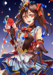 Rule 34 | 10s, 1girl, alternate costume, blue background, brown hair, cafe maid (love live!), confetti, flower, gloves, gradient background, hair ribbon, hat, idol, looking at viewer, love live!, love live! school idol festival, love live! school idol project, majorette, microphone, microphone stand, open mouth, outstretched hand, pink flower, pink rose, red eyes, red flower, red rose, ribbon, rose, solo, treble clef, ttk (kirinottk), twintails, wrist cuffs, yazawa nico