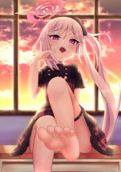 Rule 34 | 1girl, absurdres, barefoot, blue archive, blush, desk, feet, highres, long hair, looking at viewer, mutsuki (blue archive), open mouth, purple eyes, school desk, side ponytail, silver hair, sitting, soles, sunset, toes, window