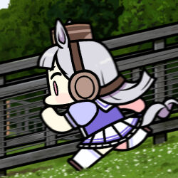 Rule 34 | 1girl, animal ears, blunt bangs, brown footwear, brown headwear, chibi, commentary, fence, full body, gold ship (umamusume), grey hair, headgear, horse ears, horse girl, horse tail, imitating, jazz jack, long hair, lowres, on grass, outdoors, photo-referenced, pillbox hat, pink eyes, pleated skirt, puffy short sleeves, puffy sleeves, purple shirt, real life, running, sailor collar, sailor shirt, school uniform, shirt, short sleeves, skirt, socks, solo, summer uniform, tail, tracen school uniform, tree, umamusume, white sailor collar, white skirt, white socks, wide face