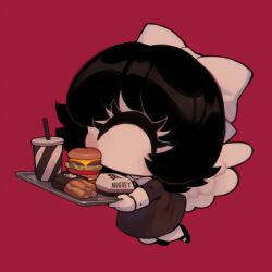 Rule 34 | 1girl, angel wings, black dress, black hair, bow, burger, cheese, closed eyes, colored skin, cup, cyclops, disposable cup, dress, drinking straw, food, french fries, full body, hair bow, highres, holding, holding tray, lettuce, medium hair, one-eyed, original, red background, skull and crossbones, solo, tomato, tray, white bow, white skin, wings, zombiemiso