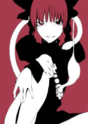 Rule 34 | 1girl, blunt bangs, braid, female focus, kaenbyou rin, kiseru, legs, monochrome, no nose, nose, onigunsou, partially colored, raised eyebrow, red background, red hair, red theme, ribbon, simple background, smirk, smoke, smoking pipe, solo, tail, touhou, twin braids, uneven eyes