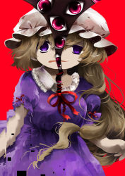 Rule 34 | 1girl, blonde hair, breasts, commentary request, dress, frilled shirt collar, frilled sleeves, frills, gap (touhou), hat, highres, long hair, looking at viewer, maa (forsythia1729), maribel hearn, medium breasts, mob cap, multiple girls, neck ribbon, open mouth, puffy short sleeves, puffy sleeves, purple dress, purple eyes, red background, red ribbon, ribbon, short hair, short sleeves, simple background, small breasts, split theme, touhou, upper body, very long hair, white headwear, yakumo yukari