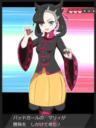 Rule 34 | 1girl, :d, absurdres, alternate costume, asymmetrical bangs, black hair, black jacket, black nails, breasts, chinese clothes, claw pose, cosplay, creatures (company), earrings, fang, game freak, green eyes, hair ribbon, hands up, highres, jacket, jewelry, looking at viewer, marnie (pokemon), medium hair, nail polish, nintendo, open mouth, pantyhose, poke ball symbol, pokemon, pokemon masters ex, pokemon swsh, punk girl (pokemon), punk girl (pokemon) (cosplay), red ribbon, ribbon, shabana may, skirt, small breasts, smile, solo, striped clothes, striped pantyhose, translated, twintails, undercut, v-shaped eyebrows, wide sleeves, yellow skirt